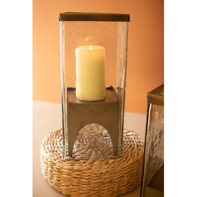  Square Glass Hurricane Candle Holders Set of 2 with Antique Brass Bases 14" H