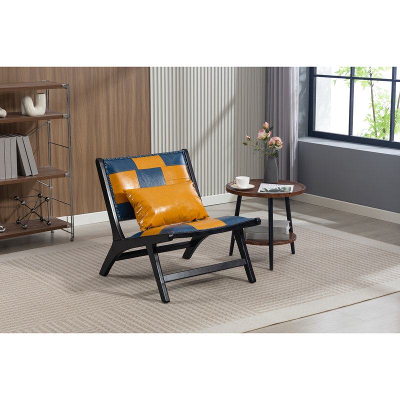 Fauteuil d'appoint en similicuir bleu et jaune, style épuré et simple, usage intérieur/extérieur, assise confortable, structure en bois massif avec revêtement.