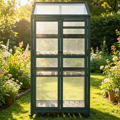 62" Wooden Greenhouse With Wheels, Tall Cold Frame Cabinet With Adjustable Shelves, Polycarbonate Panels, Portable Indoor Outdoor Plant Greenhouse For Balcony Patio