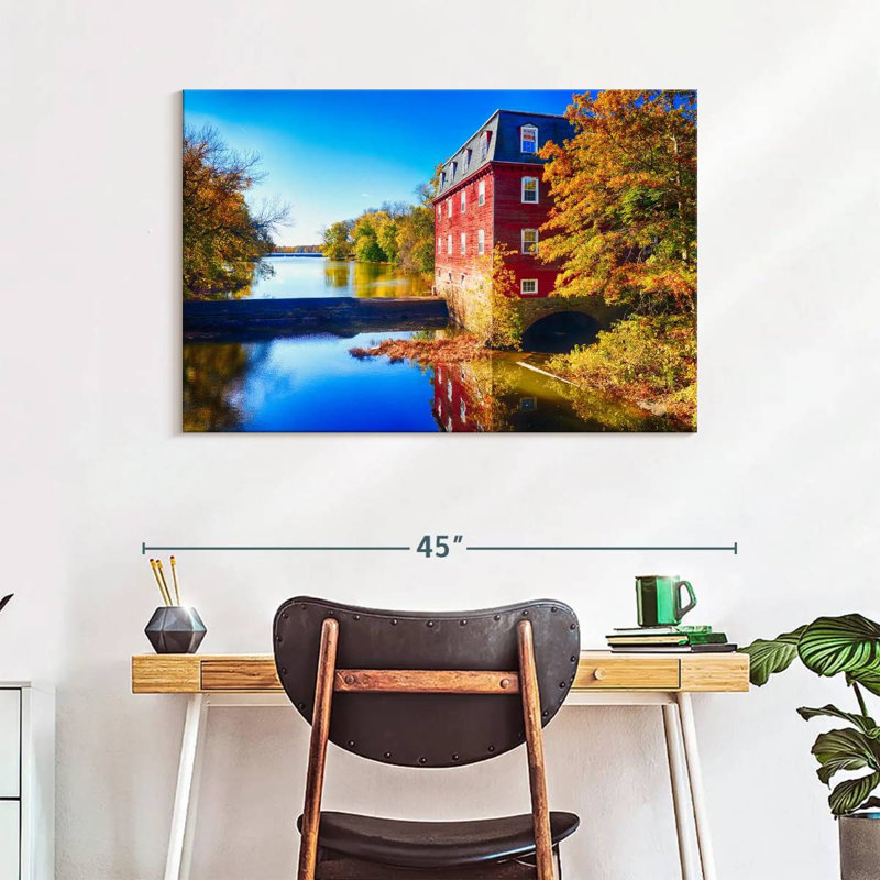 Alvord Kingston Mill, automne pittoresque surplombant le lac, H 26 po x l 39 po