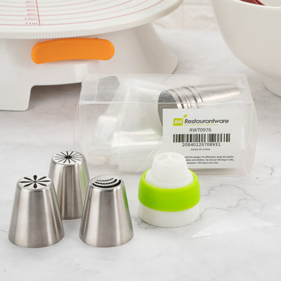Restaurantware-Pastry Tek Russian Piping Tips Set, 20 Piece Durable Cake Decorating Kit - 9 Piping Tips, 10 Piping Bags, Stainless Steel Piping Bags And Tips Set, 1 Tri-Color Coupler,