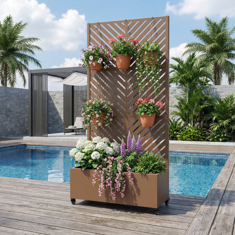 Boîte à fleurs en métal avec treillis Euel, H 72 po x l 35 po x P 16 po, Brun, 1
