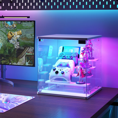 Glass Display Case With Dimming Rgb Lights, 4-Tier Display Shelves