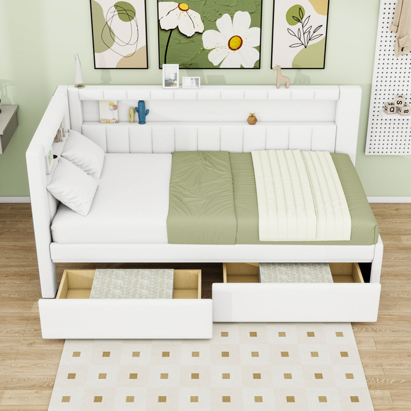 Twin Wooden Upholstered Daybed Bed with Storage Drawers, LED Lights and USB Ports, White