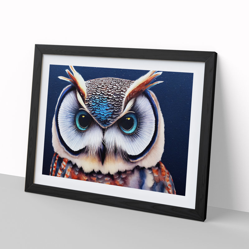 Watercolour Long Eared Owl - Single Picture Frame Print, 25cm H x 34cm W x 2cm D, Black