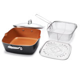 Gotham Steel 11 Deep Squre Nonstick Pan with Steamer Tray, Fry Basket and Glass Lid