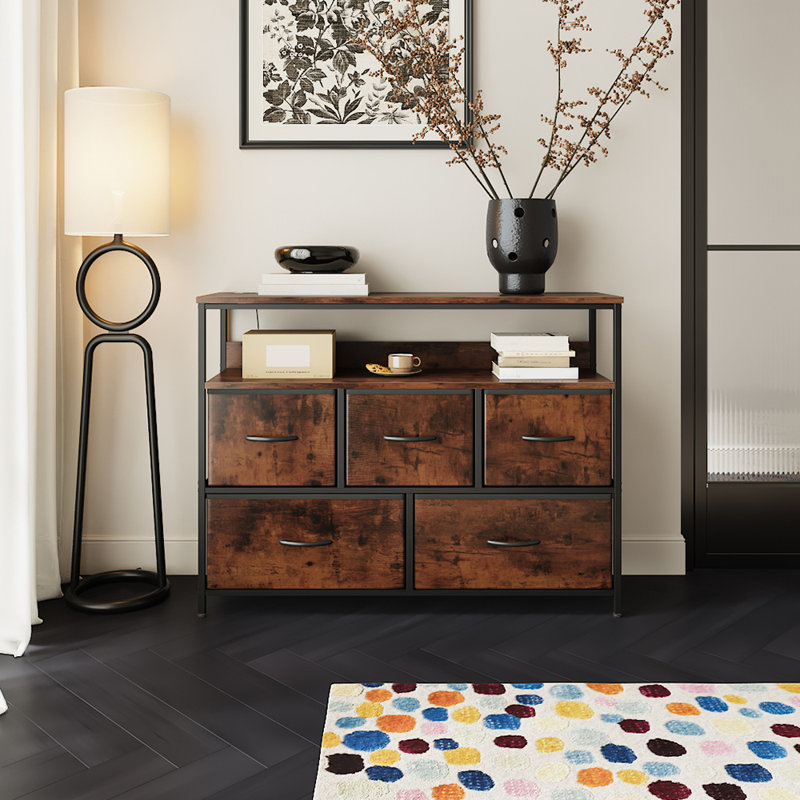 Multi-Function Steel-Wood 5-Drawer Storage Cabinet with Fabric Drawers, and Power Outlets, Brown