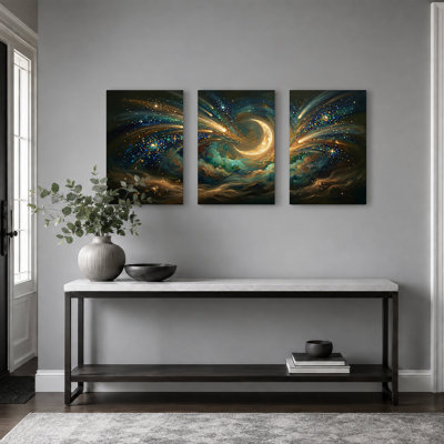 Art mural sur toile nébuleuse cosmique tourbillonnante avec croissant de lune doré