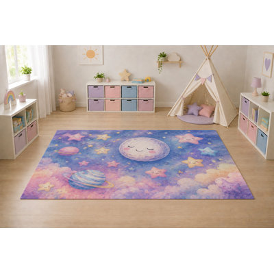 Tapis « Ultra Fin » 152 x 213 cm (5 pi x 7 pi) à motif Lune Souriante et Galaxie, idéal pour chambre d'enfant, chambre à coucher, salon et bureau à domicile. Tapis doux à poils courts avec envers antidérapant en silicone.