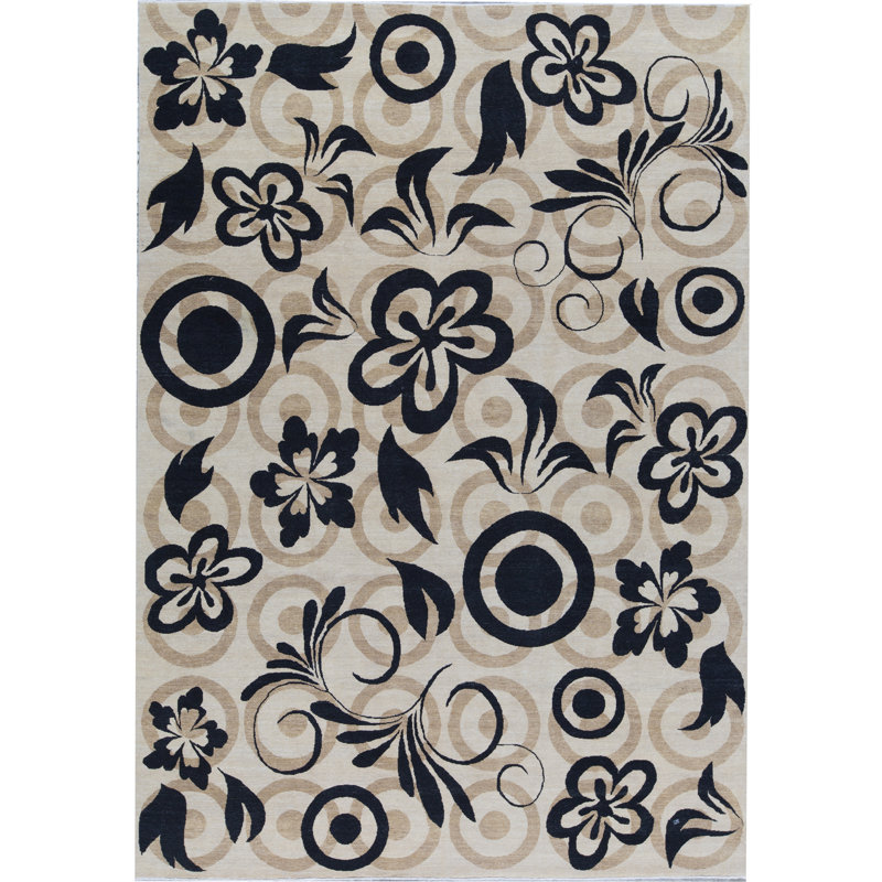 Tapis ivoire et noir noué à la main de haute qualité