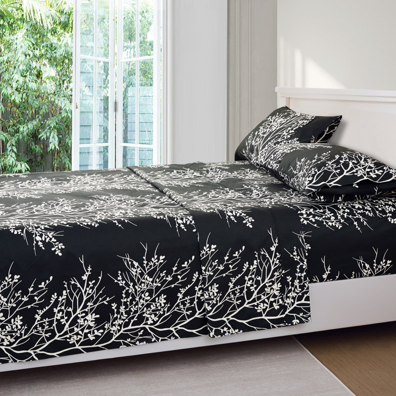 Ensemble de draps en microfibre Foliage, Ensemble de draps pour lit simple avec un drap-hou, Noir/Ivoire