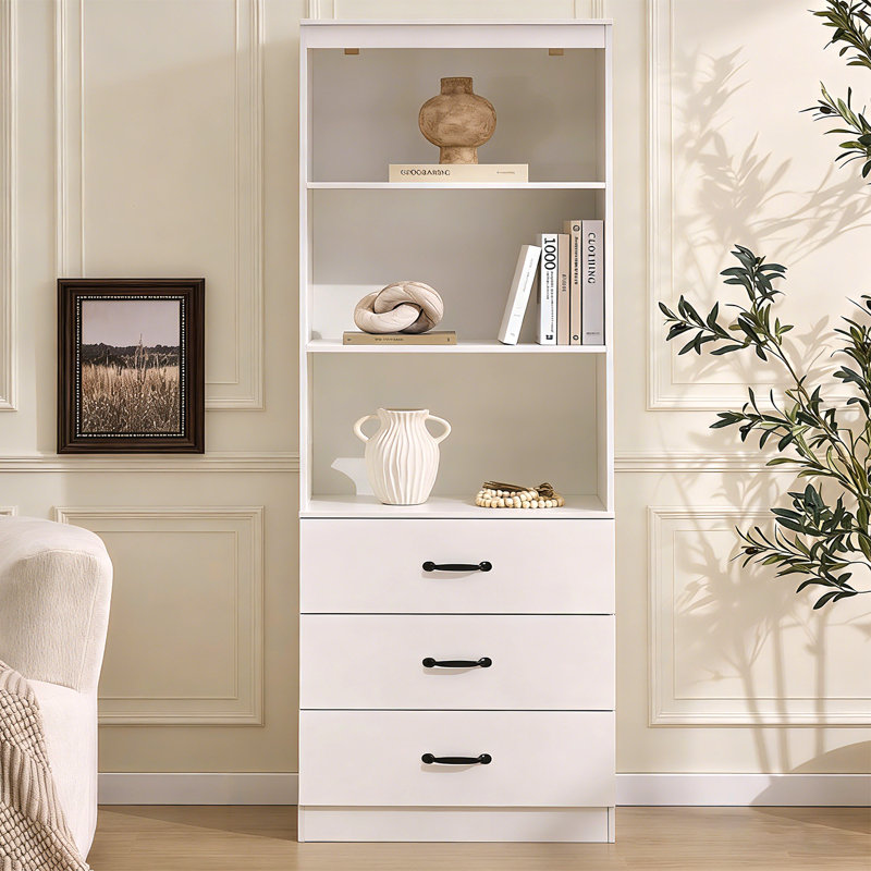 70'' Tall Bookshelf And Bookcase With 3 Open Shelves And 2 Storage Drawers, Wood Bookcase Storage Cabinet For Living Room, Bedroom, Home Office, White