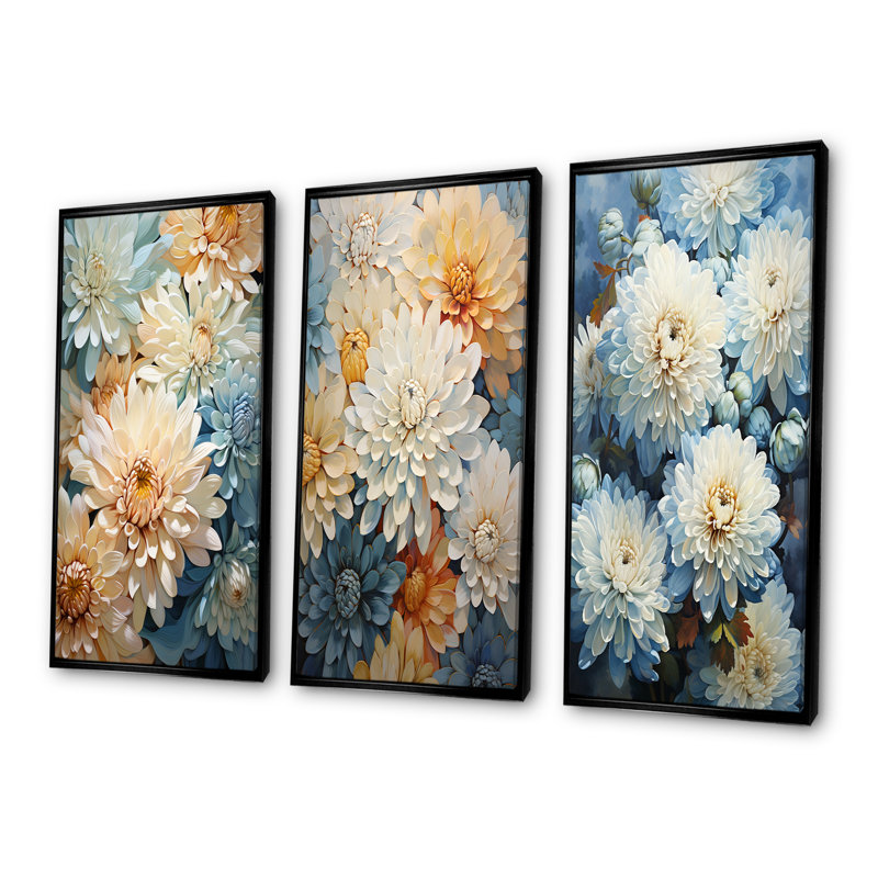 Ensemble de 3 décorations murales bleues et blanches «Mums Flowers Elegance», Cadre flottant noir, H 32 po x l 48 po