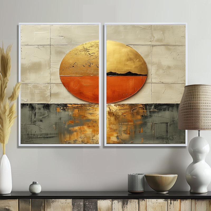 Coucher de soleil japonais doré sur lac - grand art mural japonais 2 pièces, 36" H x 48" W, Impression encadrée flottante