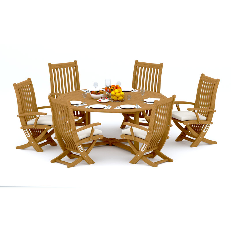 8 Pcs Grade-A Teak Wood Dining Set: 72" Round Table And 7 Warwick Reclining Arm Chairs #11Wa1707, 6
