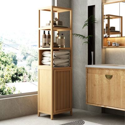 Storage Tall Slim Cabinet With Shutter Door And 3 Tier Shelves, Freestanding Linen Tower Cabinet For Living Room, Kitchen, Bathroom Organizer, Natural Bamboo