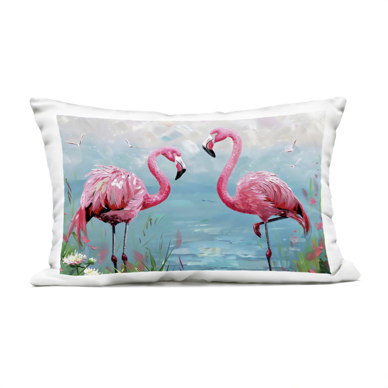 Coussin d'extérieur imprimé Flamingo Lagoon Duo, design par LSR Design Studio, Animaux roses 15, Rectangle H 14 po x l 20 po