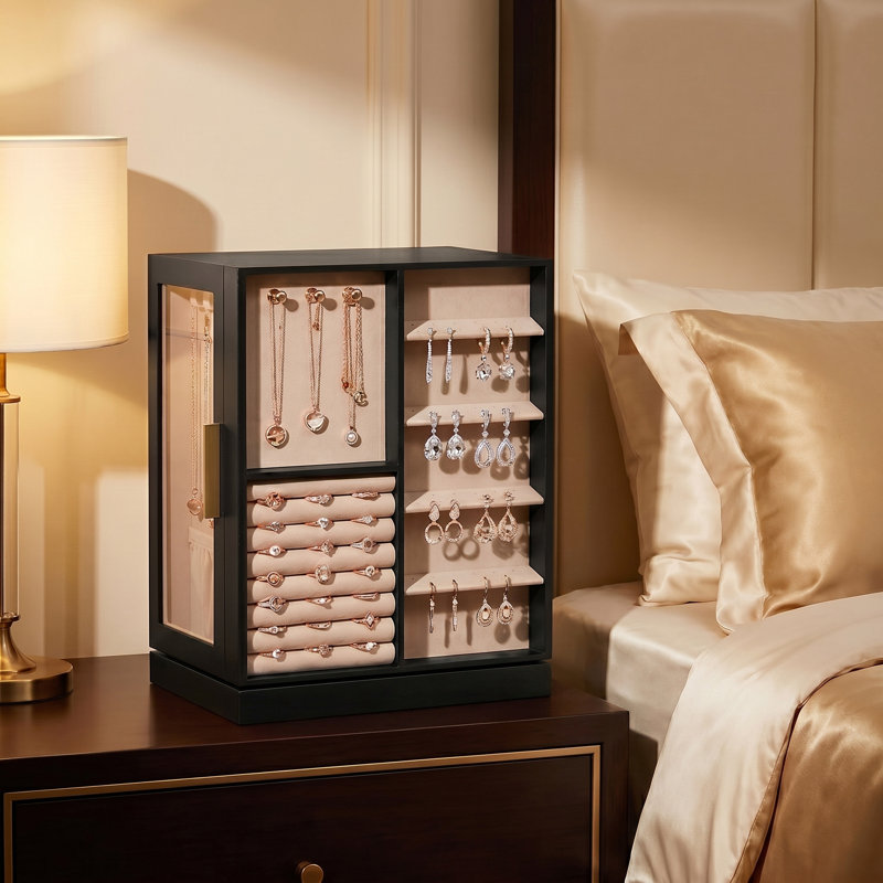 Boîte à bijoux rotative à 360 ° - Boîte de rangement de bijoux verticale avec 5 tiroirs, organisateur de fenêtre en verre avec design ouvert, rangement pour bijoux spacieux, grand cadeau, noir graphite