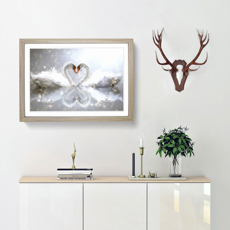 Swans Forming a Love Heart in Abstract - Picture Frame Graphic Art Print, Oak Framed, 36cm H x 48cm W x 2cm D