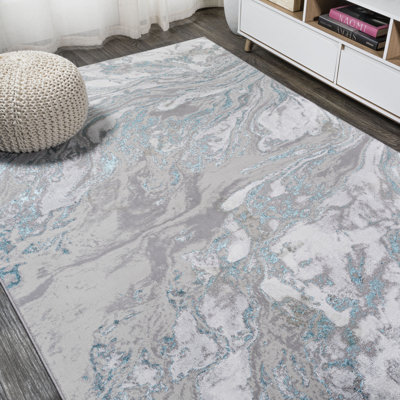 Swirl Marbled Abstract Gray/Turquoise Rug