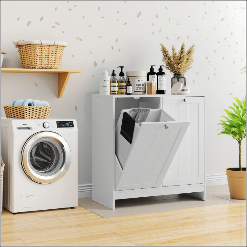 Tilted Laundry Hamper With Removable Baskets, Hidden Storage Cabinet, Free-Standing Home Organizer, White
