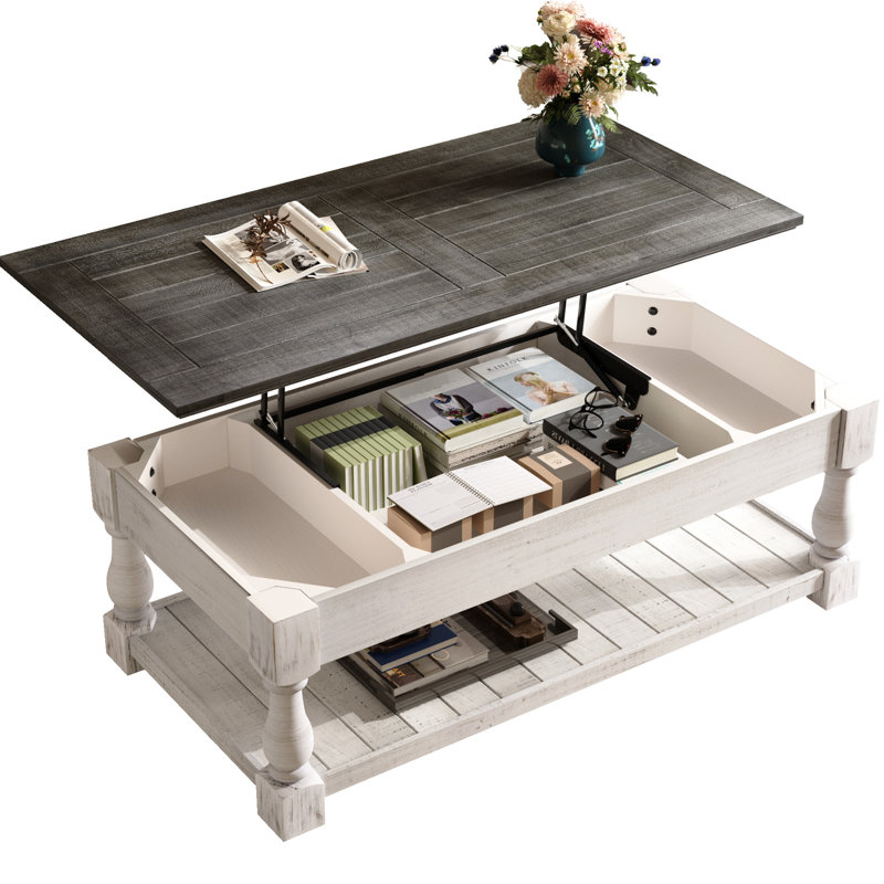 Table basse à plateau relevable, 3 plateaux de rangement cachés, fabrication en bois massif, gris antique et blanc vieilli, deux niveaux pour un salon bien organisé, table polyvalente avec tablette fixe, bois, confortable