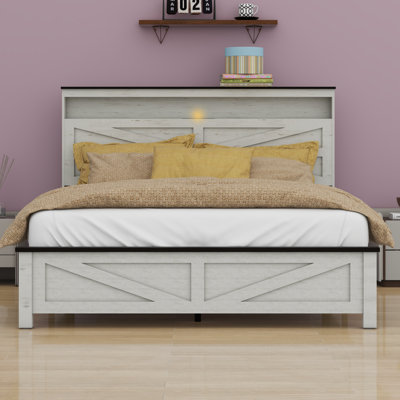 Bed Frame Headboard With LED Lights And Charging Station, With Headboard And Hidden Storage Space