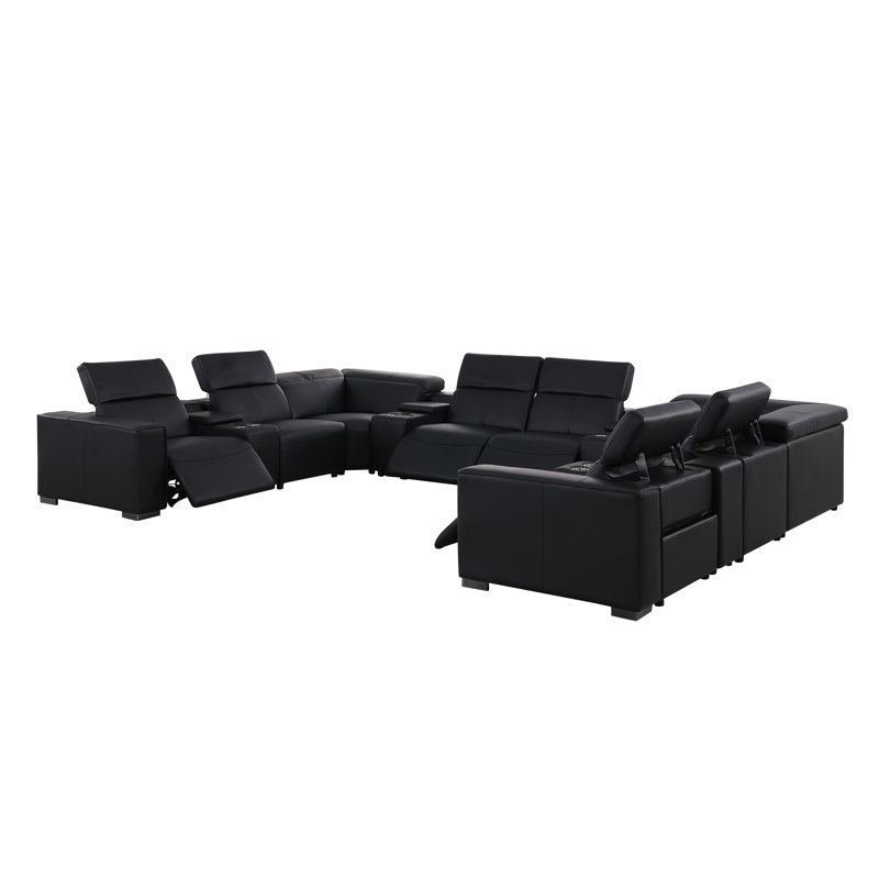 Glendale Luxurious 12-Piece U-Sectional In Genuine Leather With 4 Power Recliners And Power Headrests, Black