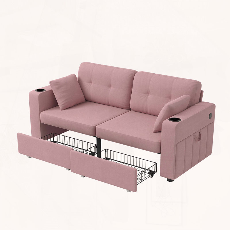 Canapé 3 places avec chargement USB, méridienne de rangement, porte-gobelet, chenille, assemblage facile, Rose