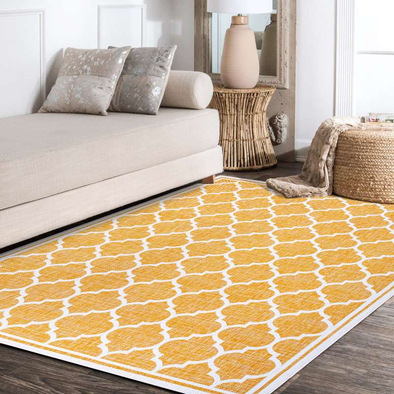 Trebol Moroccan Trellis Textured Weave Yellow/Cream Indoor/Outdoor Rug, Rectangle 3'11" x 6'