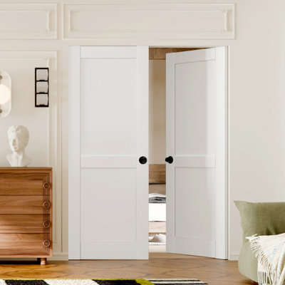 Interior Slab Door - 2 Panel White MDF Shaker Style Pre-Primed Paintable Door With Handle, Hardware Not Included