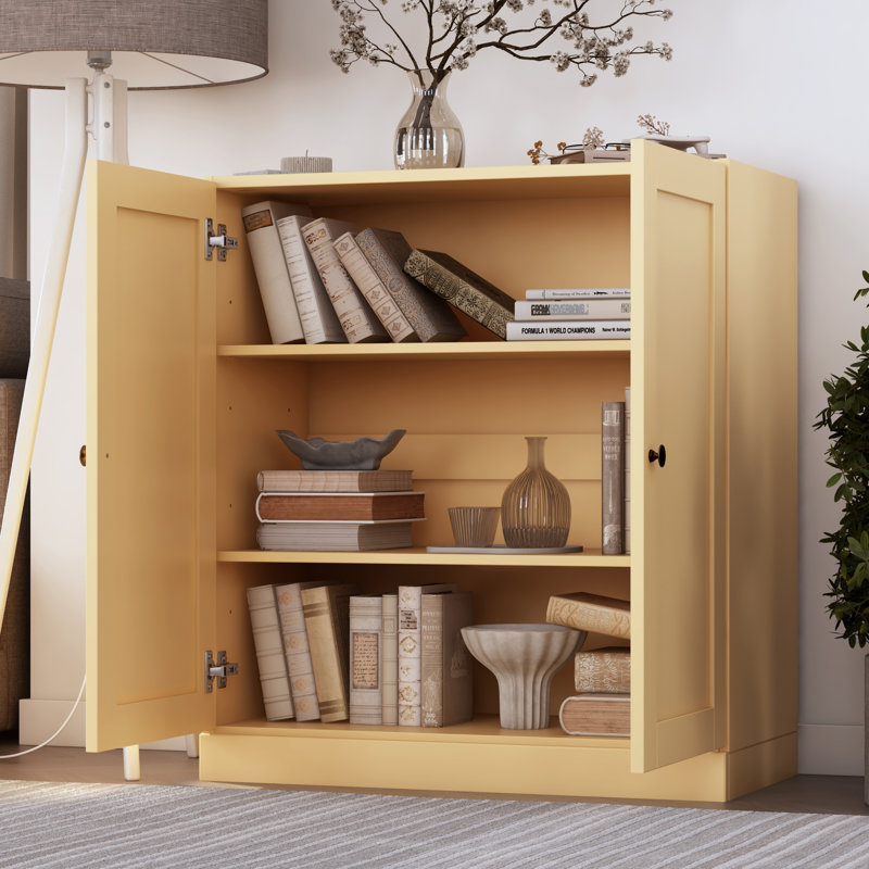 Bibliothèque 100% bois massif à 3 tablettes avec portes, bibliothèque avec tablettes réglables, l 35,75 po x H 32 po, Jaune