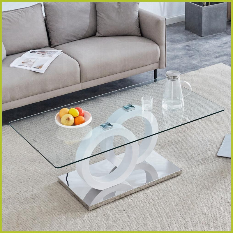 Table basse contemporaine à plateau en verre avec base en panneau de fibres à densité moyenne blanc - Facile à nettoyer, peu encombrante pour le salon