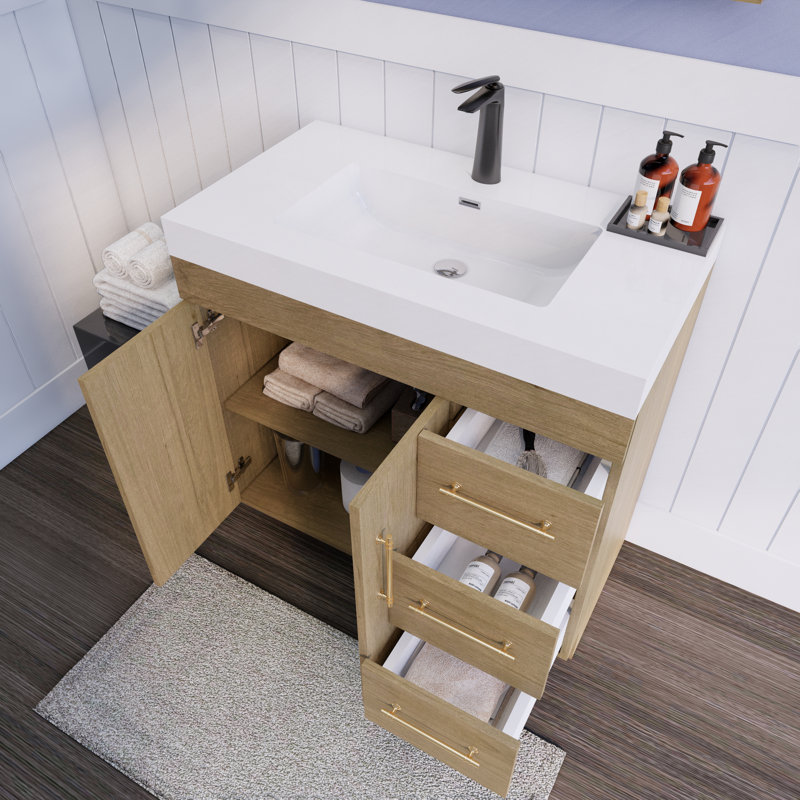 Lorre 36 " W Freestanding Standard Single Vanity Bathroom Vanity With Acrylic Top, White Oak