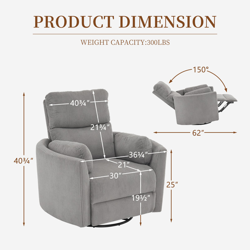 40″ Wide Power Swivel Recliner with USB Charging – Corduroy Glider Barrel Chair