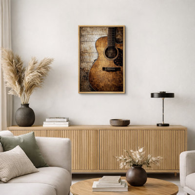 Vintage Acoustic Guitar Wooden Wall Close Up Artwork, Music Room Pictures, Framed Canvas Giclee Print Wall Art