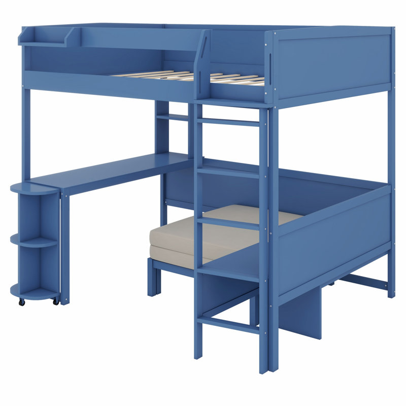 Versatile Loft Bed with Desk, Bedside Shelf, Sofa & Light, Navy Blue