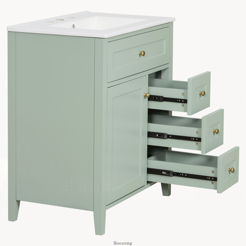 Meuble-lavabo autoportant de 30 po avec comptoir d'évier, panneau de fibres à densité moyenne et bois d'hévéa avec 3 tiroirs et tablette réglable, conception à charnière gauche, vert