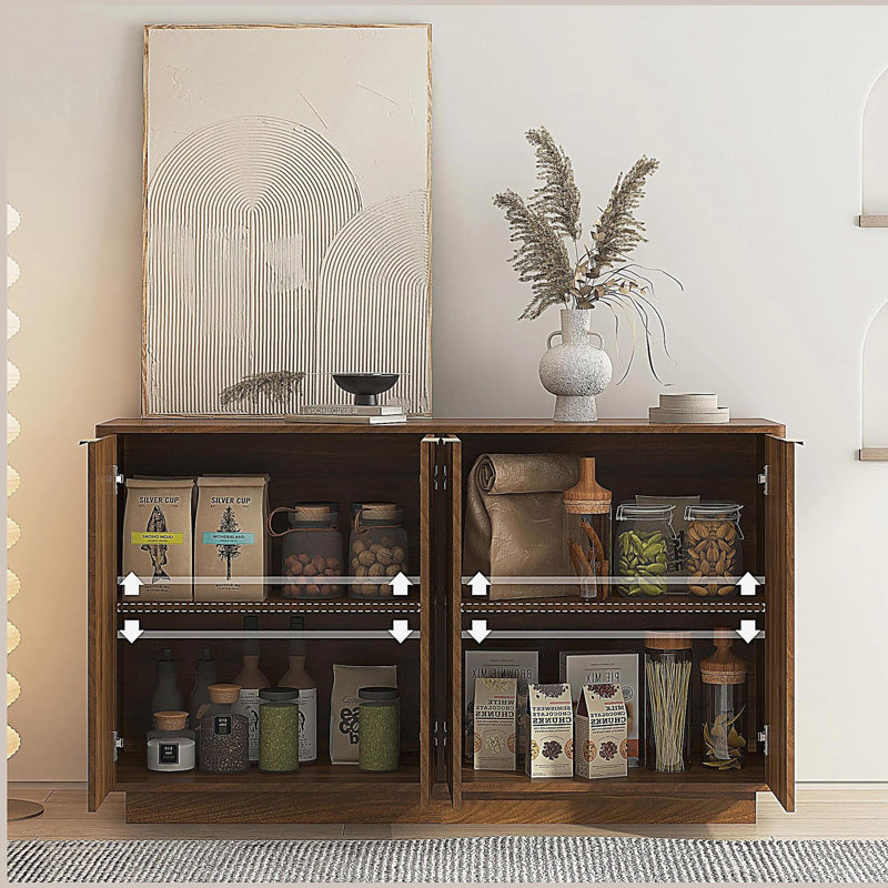 Buffet en bois moderne avec rangement, grand buffet cannelé avec tablettes réglables, crédence, console d'appoint, Bois foncé
