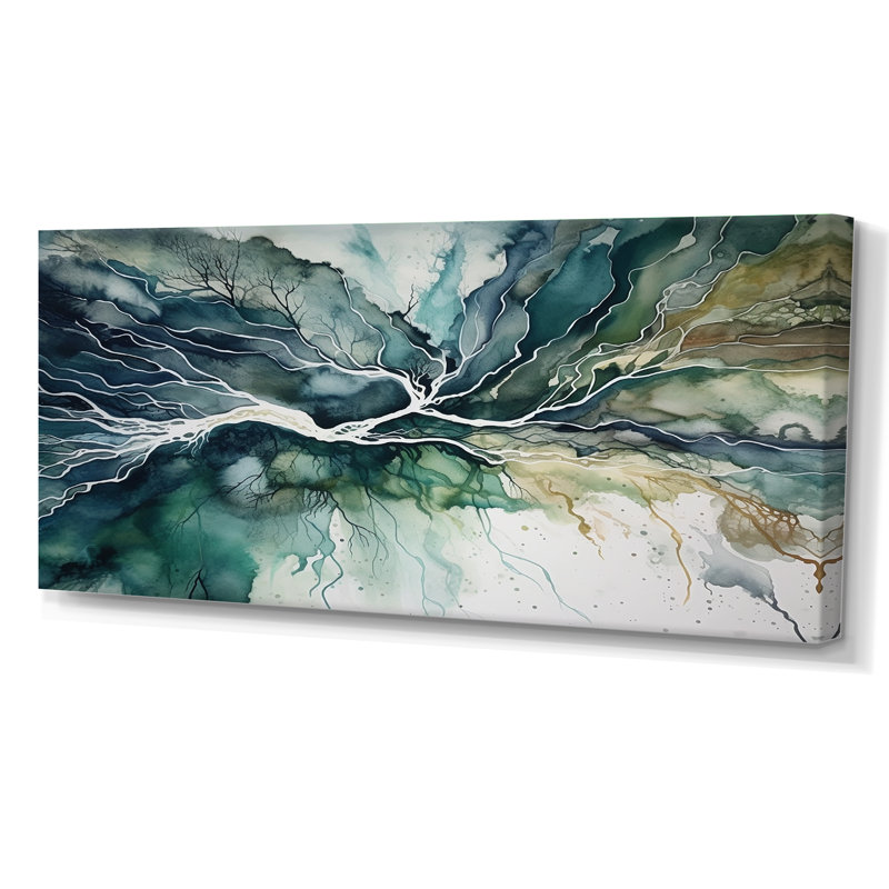 «Green Blue Marbré Dreamscape II», art mural géométrique abstrait, Toile tendue, H 28 po x l 60 po x P 1,5 po