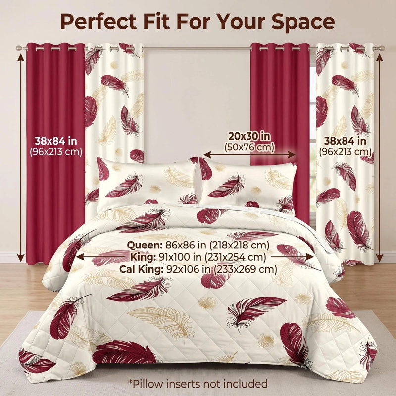 Ensemble de literie et de rideaux matelassés 9 pièces bourgogne et doré, couvre-lit élégant Boho avec 6 panneaux de fenêtre filtrant la lumière et 2 taies décoratives, couvre-lit en microfibre facile d'entretien, animaux de compagnie