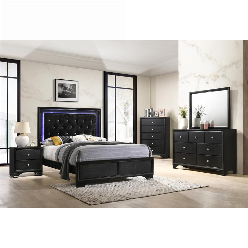 Bedroom full-size black-toned solid wood upholstered platform bed for daily rest with modern glam LED style