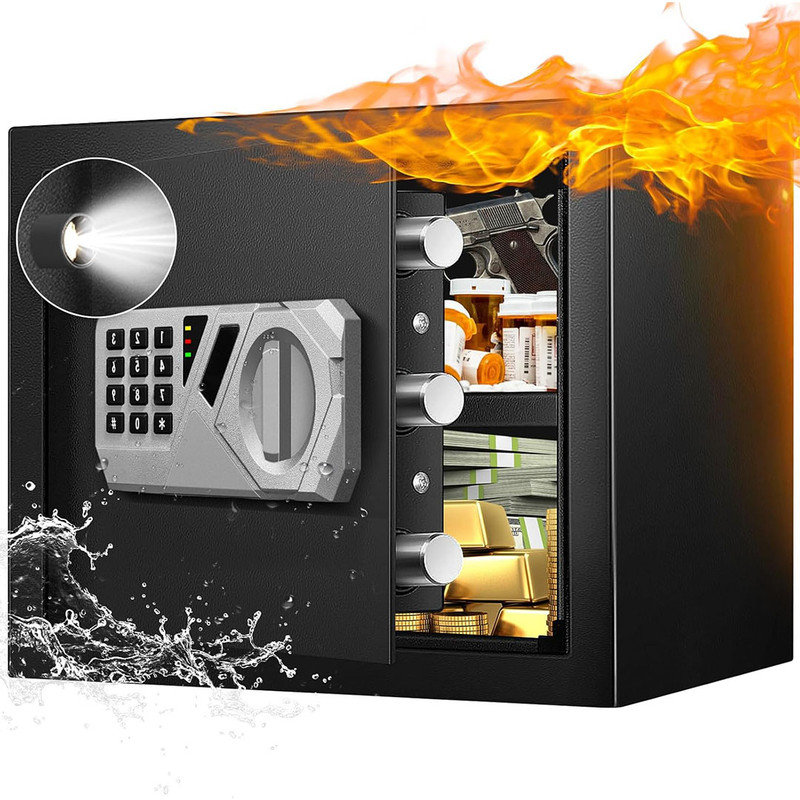 Steel Security Lock Box with Removable Shelf, Digital Electronic Keypad, Alarm System & Emergency USB-C Cable