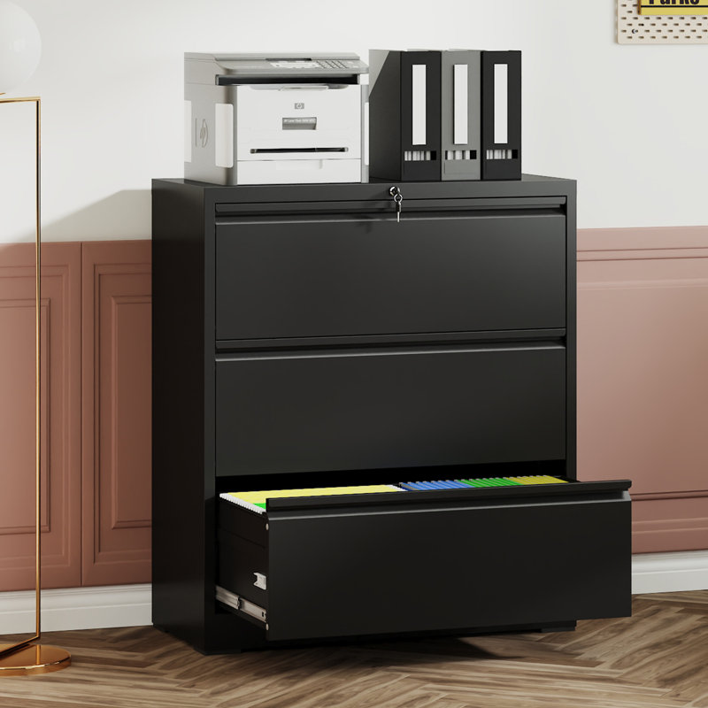 3 Drawer Lateral File Cabinet, 35.4 Inch Wide Metal Filing Cabinet, Locking Heavy Duty File Cabinet For Home Office, Anti-Tip Safety Interlock, Vertical Storage For Letter/Legal/A4 Files, Black, Sideboard