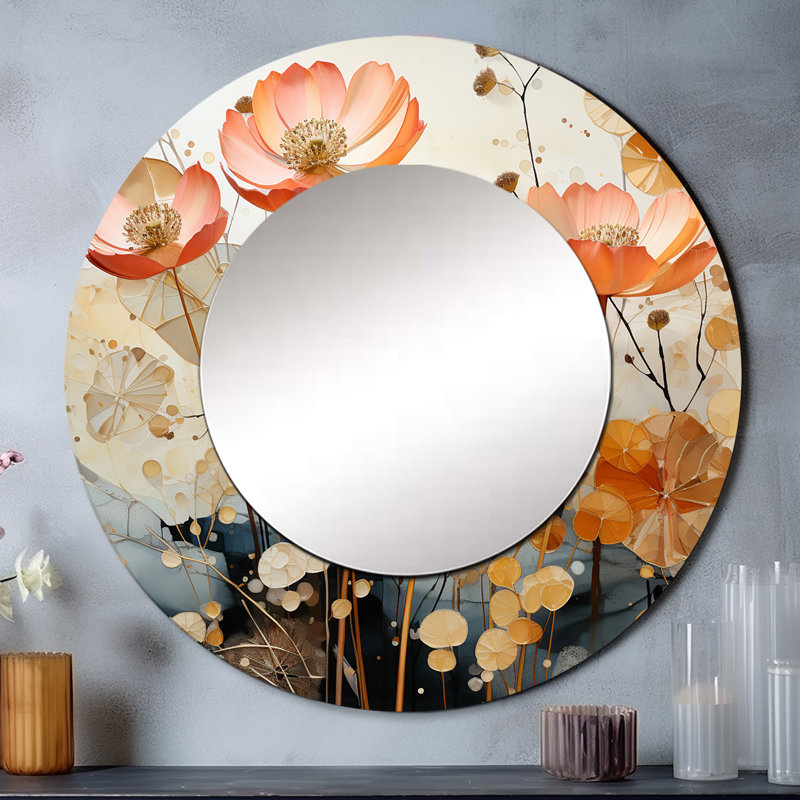 Peach Blossoming Abstractions II - grand miroir mural Botanicals, miroir décoratif rond moderne, impression d'art en métal