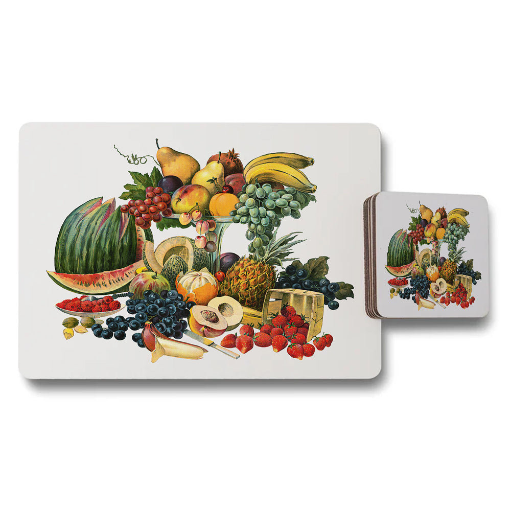 Fruit Placemats And Coaster Set With Vibrant Colorful Fruit Illustration