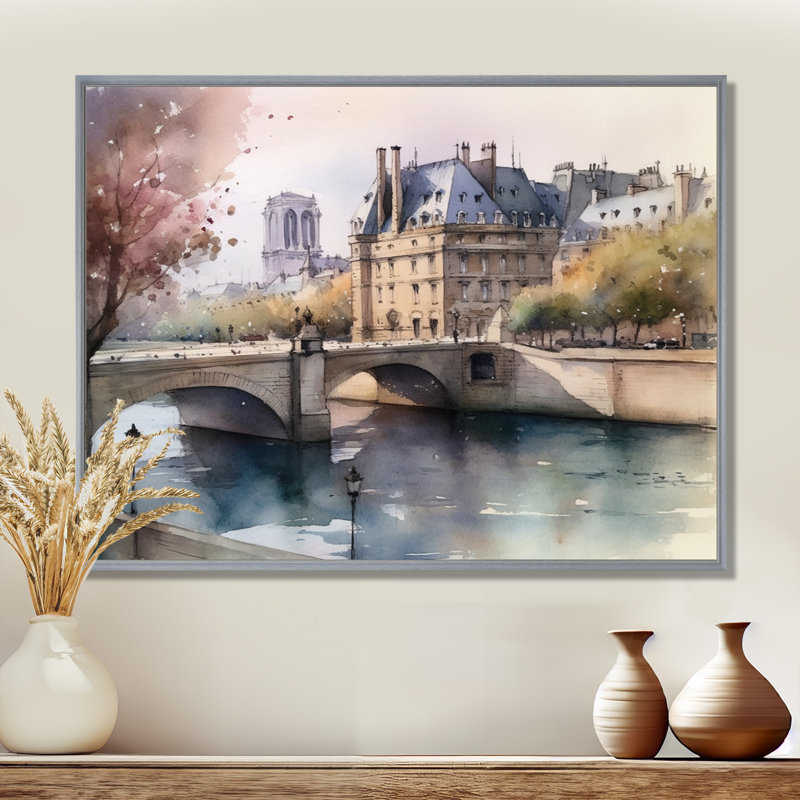 Aquarelle de Paris, France IV - reproduction, H 24 po x l 32 po x P 1 po, Encadrement argenté