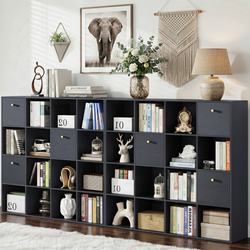 Ensemble de rangement modulaire 16 tiroirs avec tiroirs en tissu, bibliothèque noire en bois rustique et cloison, ensemble de 2