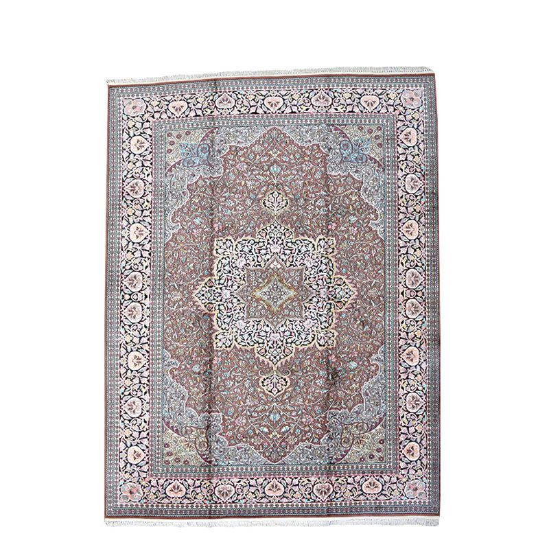 Tapis en soie 9 pi 3 po x 12 pi 2 po noué la main one-of-kind- "à la main-rouge/bleu/ivoire