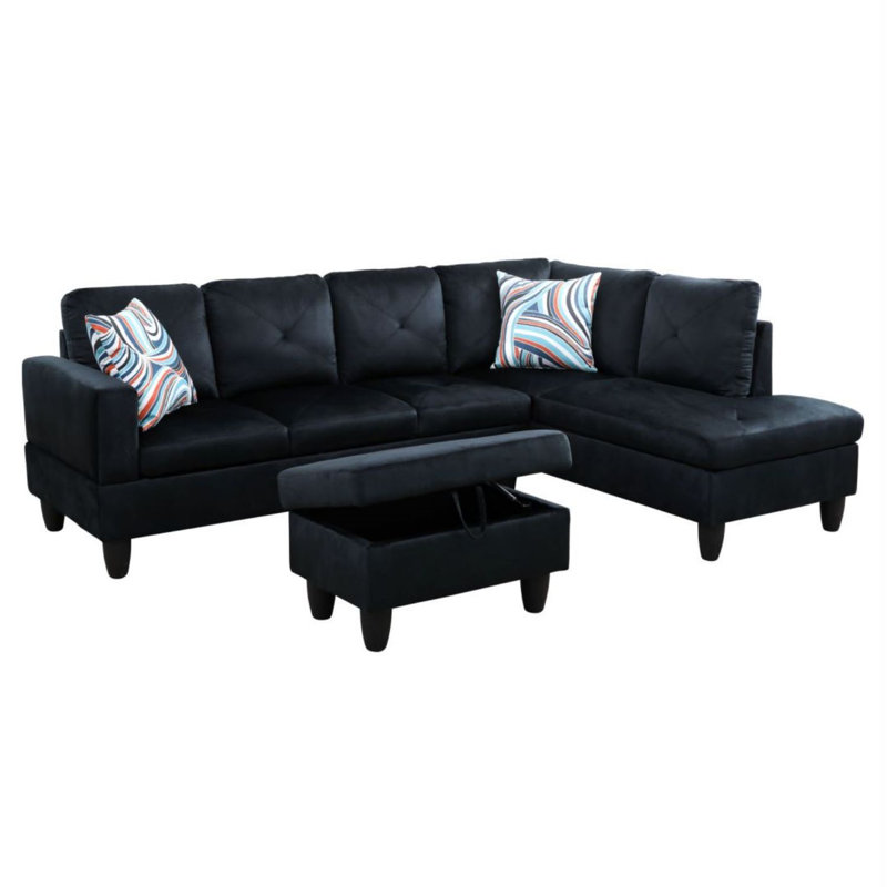 Canapé modulaire en L 3 pièces pour salon Manol, Accoudoir à droite (vu de face), Microfibre noire / microsuède